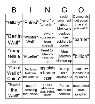 Trump Speech Bingo Card