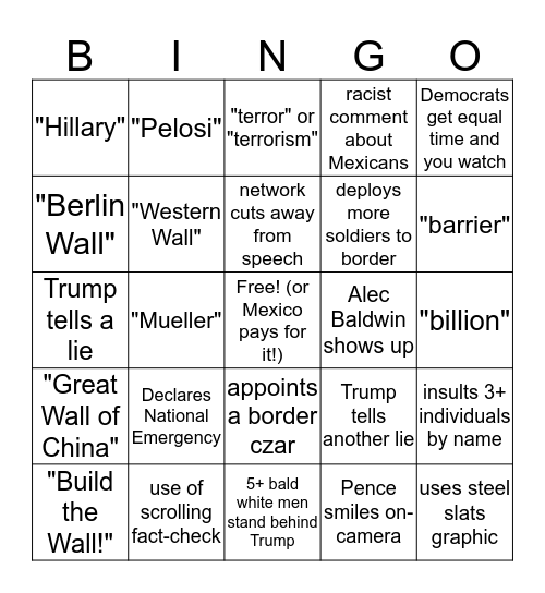 Trump Speech Bingo Card