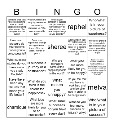 Success and Happiness 3 Bingo Card