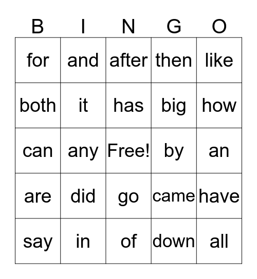 Sight Words Bingo Card