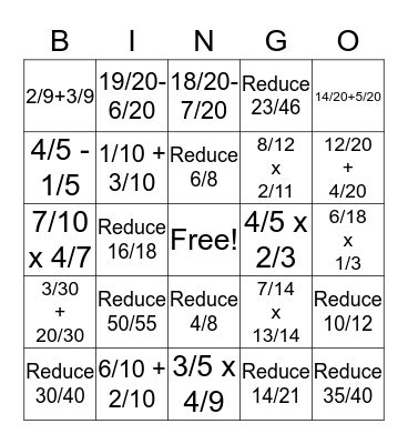 Fraction Bingo  Bingo Card