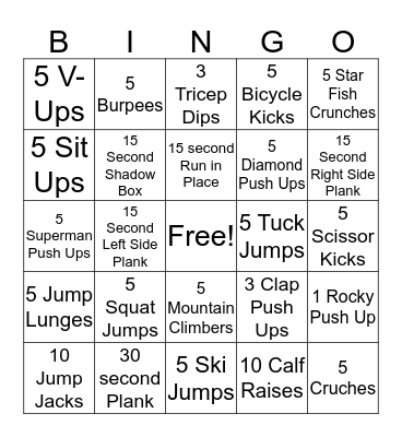 Fitness Bingo Card