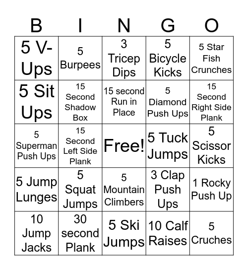 Fitness Bingo Card