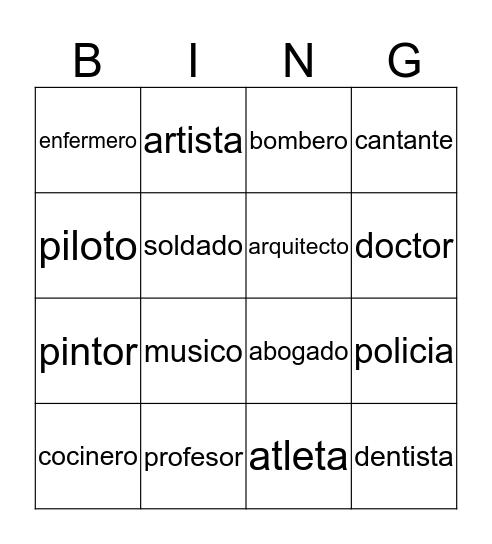 Las profesiones Bingo Card