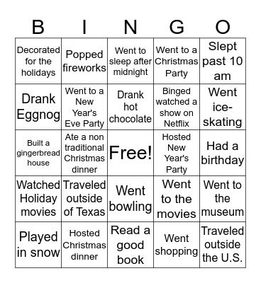 Winter Break Bingo Card