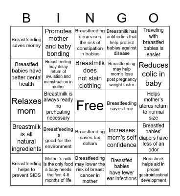 Breastfeeding for you and your baby! Bingo Card