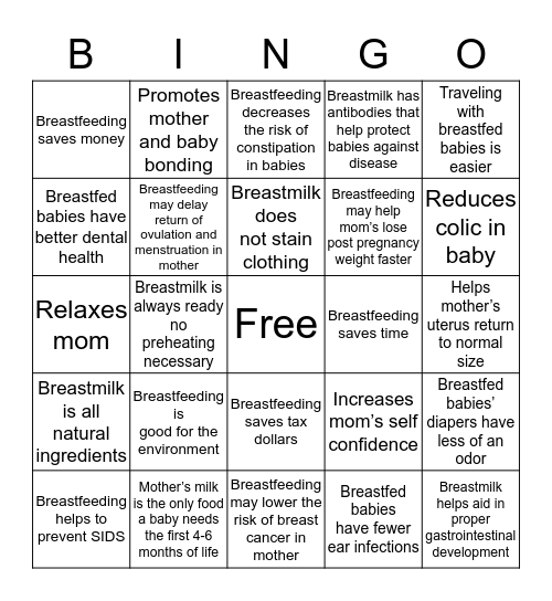 Breastfeeding for you and your baby! Bingo Card