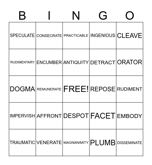 Vocab 9 Mid-Term Review Bingo Card