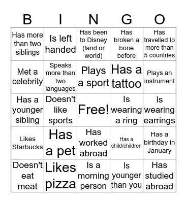 Ice Breaker Bingo Card