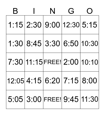 TELLING TIME BINGO 2 Bingo Card