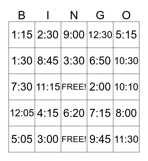 TELLING TIME BINGO 2 Bingo Card