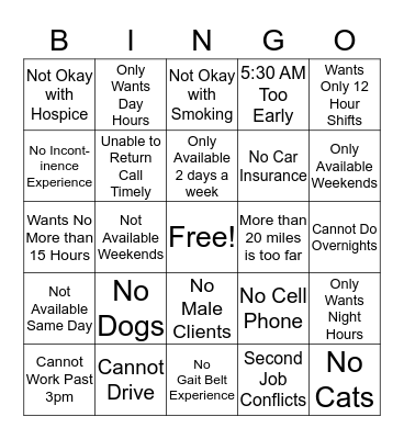 Caregiver BINGO Card