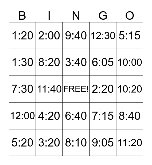 TELLING TIME BINGO 3 Bingo Card