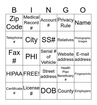 HIPAA Bingo Card