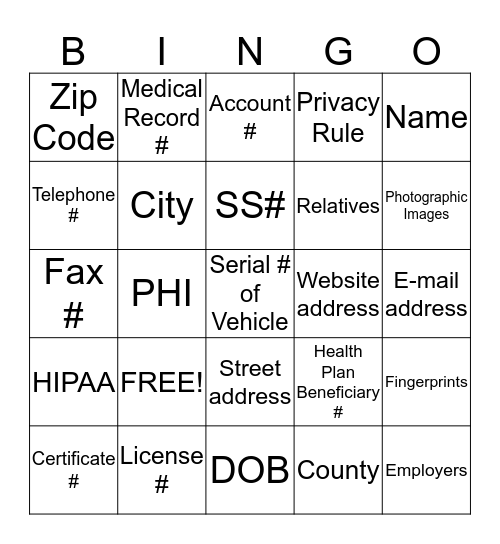 HIPAA Bingo Card