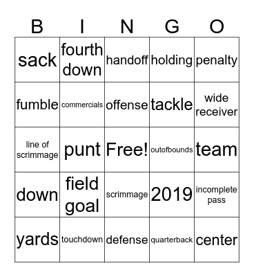 SUPER BOWL 2019 Bingo Card