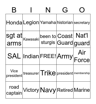 American Legion Riders Bingo Card