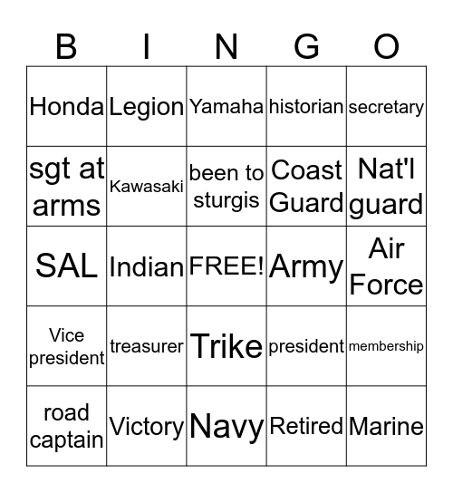 American Legion Riders Bingo Card