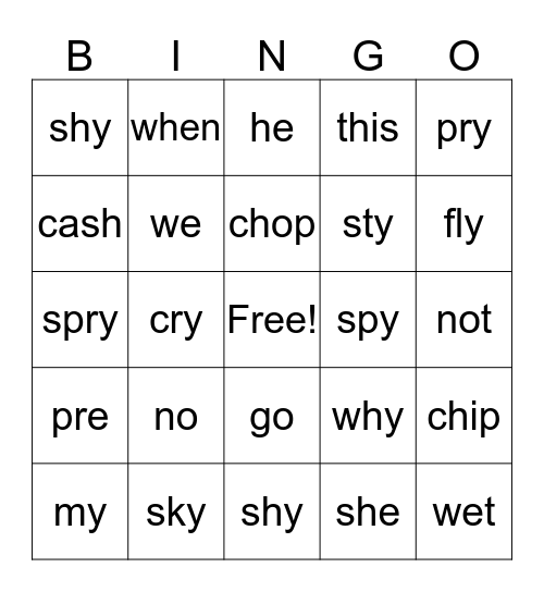 Open Syllables Bingo Card