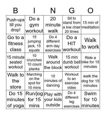 Workout Wednesday - Team BINGO Card
