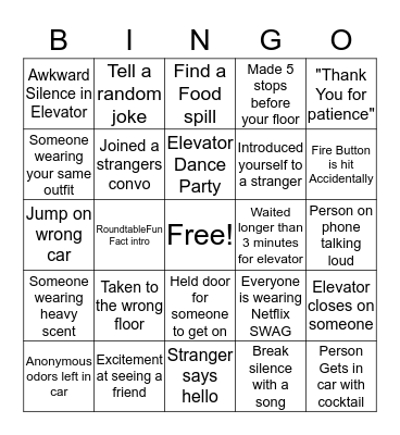 Elevator Bingo Card