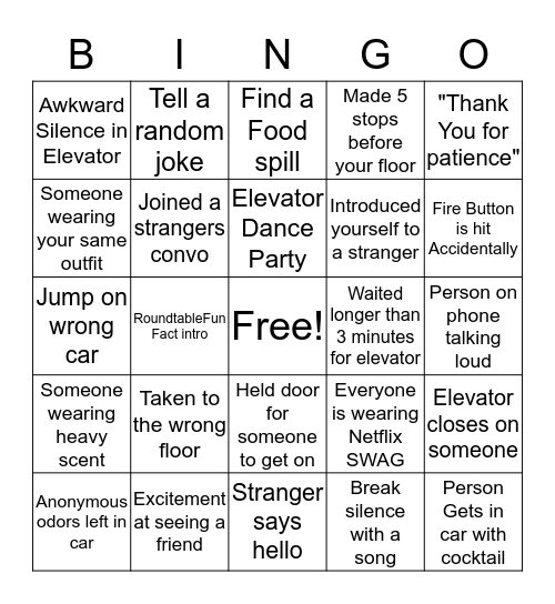 Elevator Bingo Card