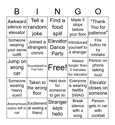 Elevator Bingo Card