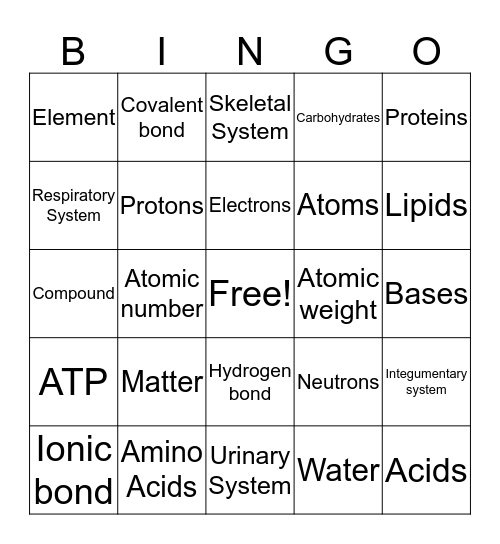 Chemistry of Life Bingo Card