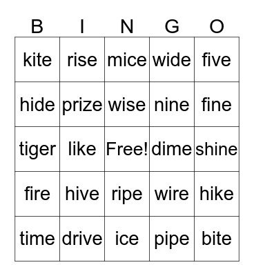 Long i words Bingo Card