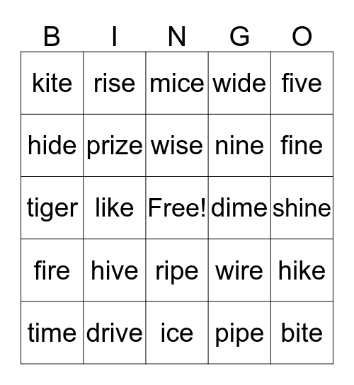 Long i words Bingo Card