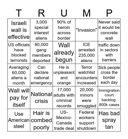 Trump Mexico Bingo Card