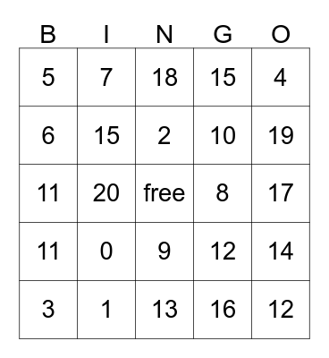 Number Bingo Card