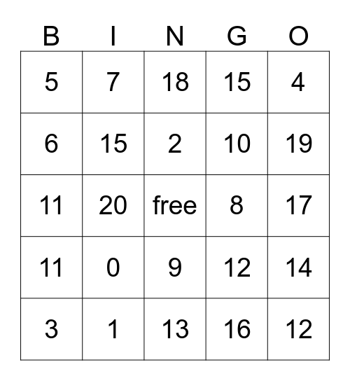 Number Bingo Card