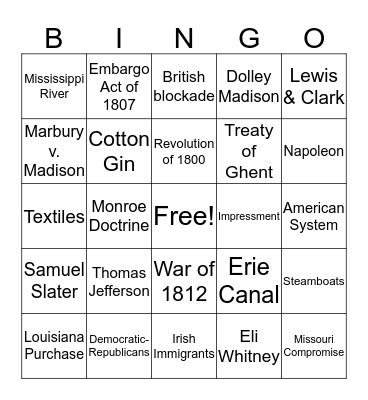 Jefferson, Madison, Monroe Bingo Card