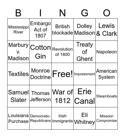 Jefferson, Madison, Monroe Bingo Card