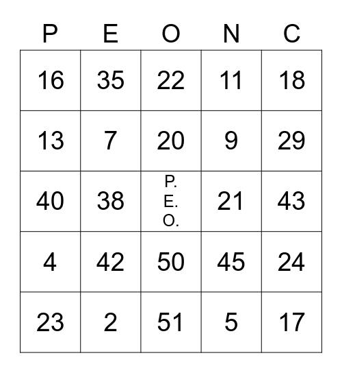 PEO BINGO Card