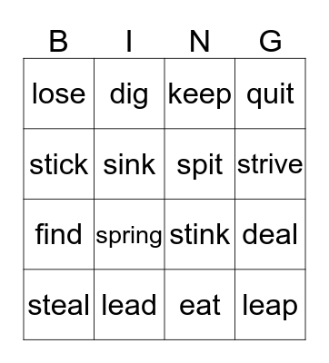 Irregular Verbs Bingo Card