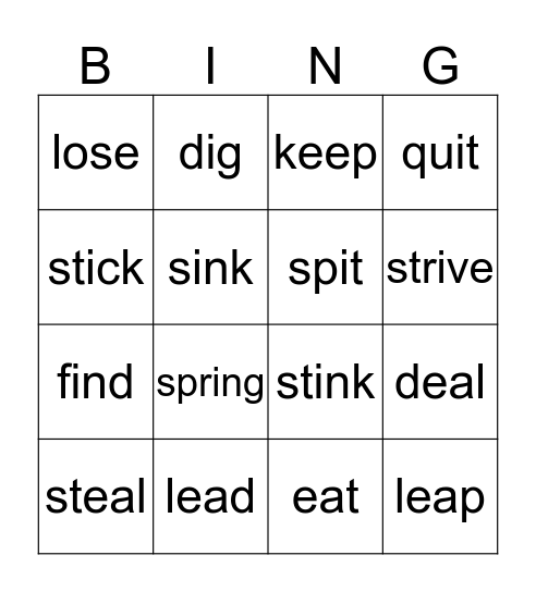 Irregular Verbs Bingo Card