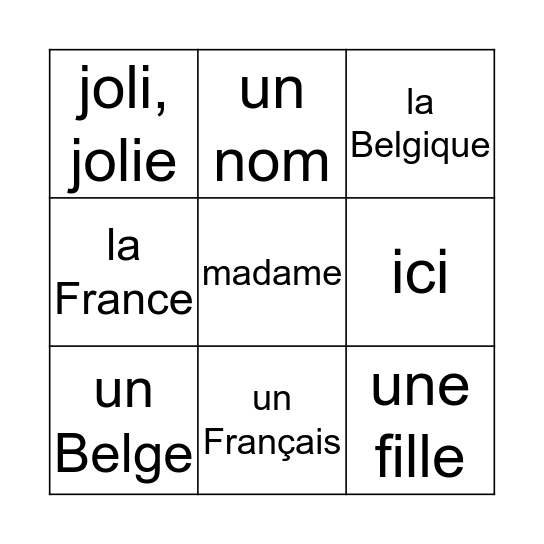 BINGO- Unité 10: Ah, vous êtes Français! Bingo Card