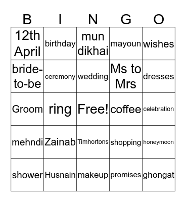 Bridal Shower Bingo Card