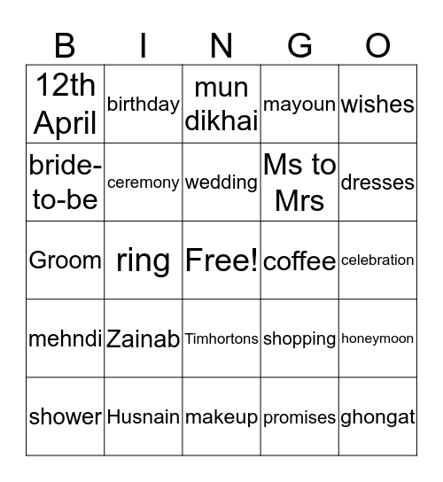 Bridal Shower Bingo Card