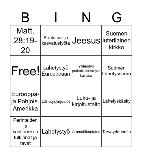 Lähetystyö Bingo Card