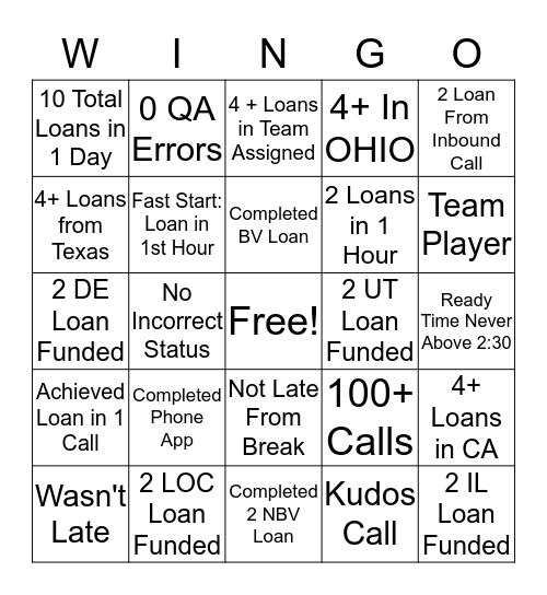 Moneykey's WINGO! Bingo Card