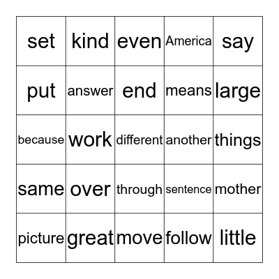 2nd Grade Sight Words Bingo Card