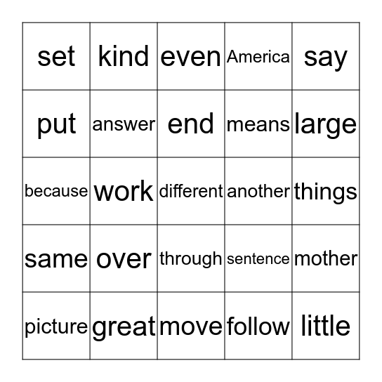 2nd Grade Sight Words Bingo Card