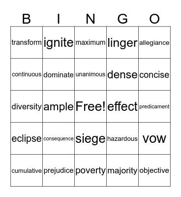 Bingo Card Unit #6 Bingo Card