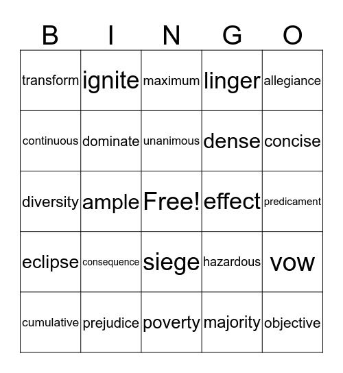 Bingo Card Unit #6 Bingo Card