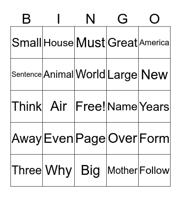 2nd Grade Fry Words Bingo Card