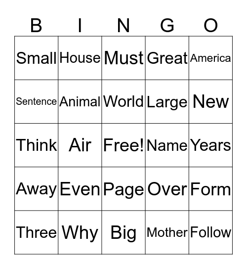 2nd Grade Fry Words Bingo Card