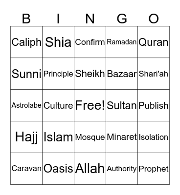 World History Pop Quiz: Islamic Civilization Vocab Bingo Card